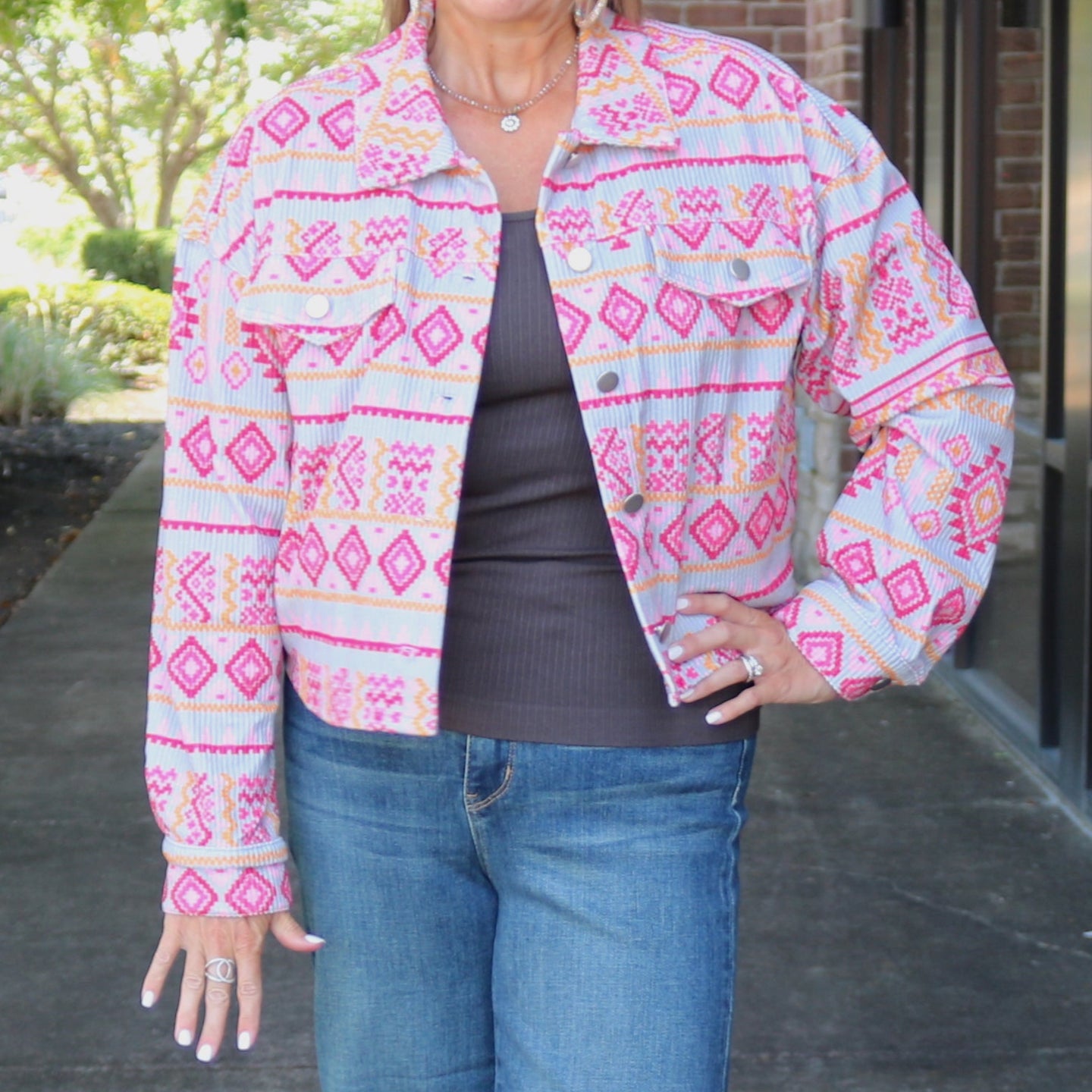 Pink and Gray Aztec Cropped Corduroy Jacket with Silver buttons