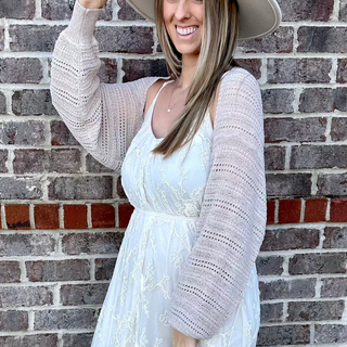 Shimmer Pointelle knit shrug shawl in taupe 