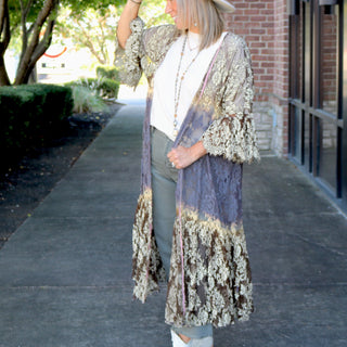 ollie and Halle long lace duster in brown and cream