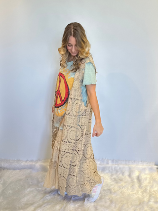 Jaded Gypsy Forever Timeless Vest Duster boho long beige 100% cotton with artisan lace detailing and relaxed layering fit