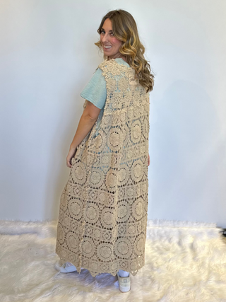 Jaded Gypsy Forever Timeless Vest Duster boho long beige 100% cotton with artisan lace detailing and relaxed layering fit