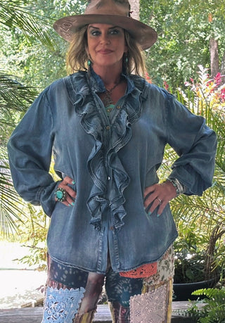 Jaded Gypsy a Ruffle in Time Top with soft ruffle detailing and relaxed boho fit, denim button up top