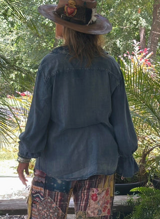 Jaded Gypsy a Ruffle in Time Top with soft ruffle detailing and relaxed boho fit, denim button up top