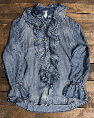 Jaded Gypsy a Ruffle in Time Top with soft ruffle detailing and relaxed boho fit, denim button up top