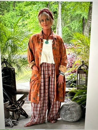 Rust colored one-size Jaded Gypsy Cottage Meadow Duster featuring a flowing silhouette and bohemian design