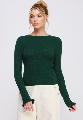 Forest Green Pointelle Ruffle Sleeve Knit Top with delicate ruffle sleeves 