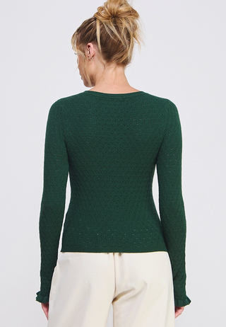 Forest Green Pointelle Ruffle Sleeve Knit Top with delicate ruffle sleeves 