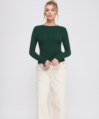 Forest Green Pointelle Ruffle Sleeve Knit Top with delicate ruffle sleeves 