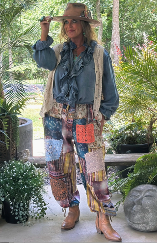 Jaded Gypsy Stormy Nights wide-leg pants in moody, storm-gray tones with relaxed boho drape. 