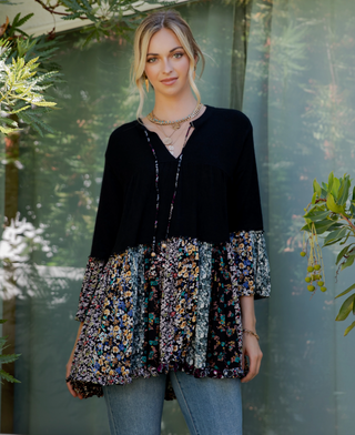 Overdyed mixed jhabla top with band collar, v-neck tie, sweater knit bodice and printed rayon challis tier