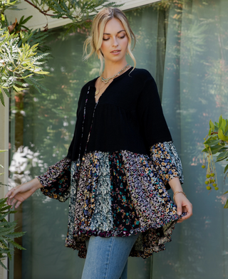 Overdyed mixed jhabla top with band collar, v-neck tie, sweater knit bodice and printed rayon challis tier