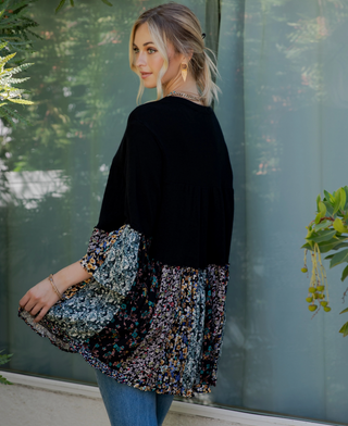 Overdyed mixed jhabla top with band collar, v-neck tie, sweater knit bodice and printed rayon challis tier