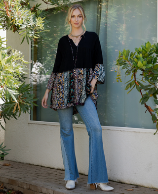 Overdyed mixed jhabla top with band collar, v-neck tie, sweater knit bodice and printed rayon challis tier