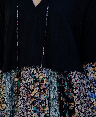 Overdyed mixed jhabla top with band collar, v-neck tie, sweater knit bodice and printed rayon challis tier