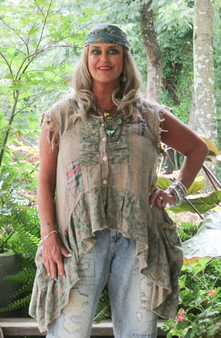 Jaded Gypsy HONEYDEW Artisanal Floral Patchwork RUFFLE TANK