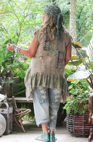 Jaded Gypsy HONEYDEW Artisanal Floral Patchwork RUFFLE TANK