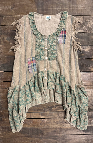 Jaded Gypsy HONEYDEW Artisanal Floral Patchwork RUFFLE TANK