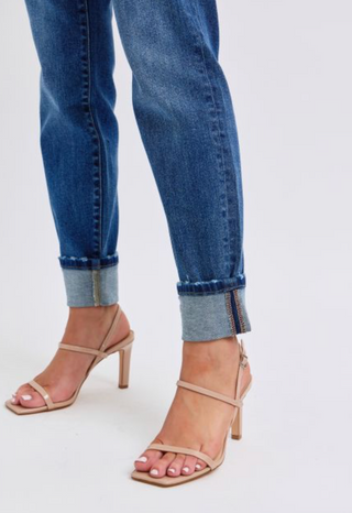 Judy Blue Mid Rise Vintage Wash Boyfriend w Cuff - White Lily Boutique