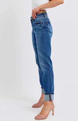 Judy Blue Mid Rise Vintage Wash Boyfriend w Cuff - White Lily Boutique