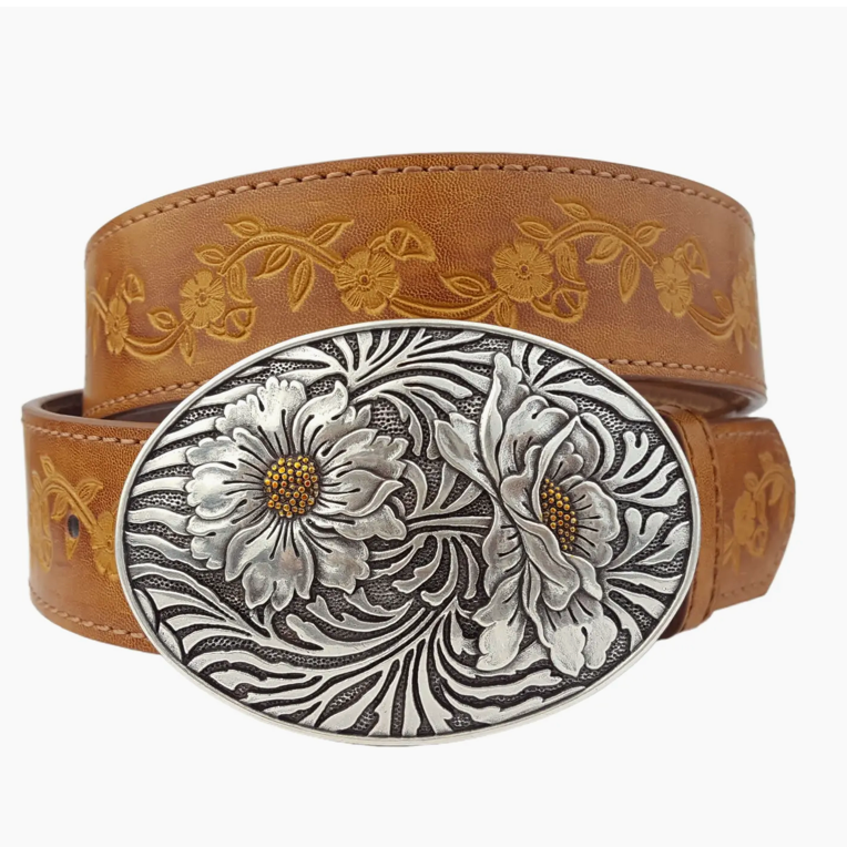 Sunflower Buckle with Vintage Floral Tooled Belt