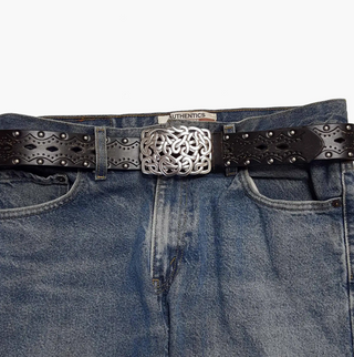 Western Silver Rectangular Concho Leather Belt - White Lily Boutique