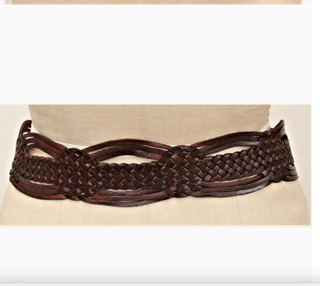 Brown Braided woven silver round buckle belt