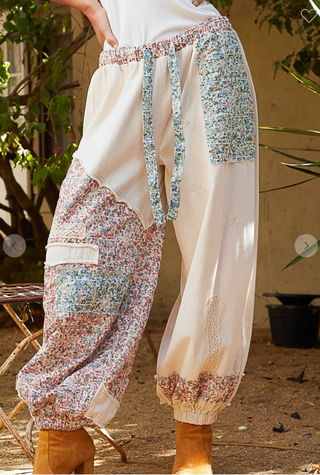Gypsy Floral Twill Jogger Pant with elastic waist tie front and patchwork detail, by Pol.