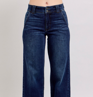 Judy Blue dark wash trouser jeans with wide-leg fit, front and back pockets, and mid-rise waist. 