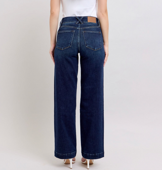 Judy Blue dark wash trouser jeans with wide-leg fit, front and back pockets, and mid-rise waist. 