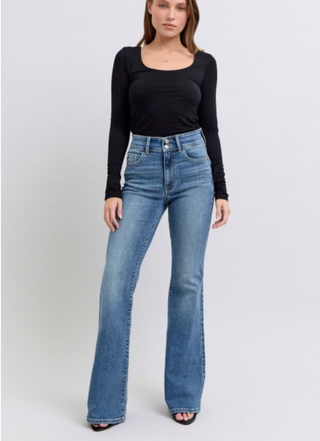 Judy Blue high-waist medium wash flare jeans with non-distressed finish and back button-close flap pockets