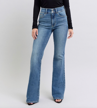 Judy Blue high-waist medium wash flare jeans with non-distressed finish and back button-close flap pockets