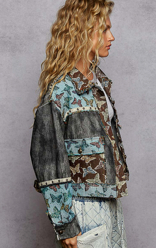 Distressed Denim Jacket with Butterfly Patchwork, Balloon Sleeves, raw hem, studs and gold button details by POL