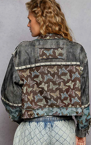 Distressed Denim Jacket with Butterfly Patchwork, Balloon Sleeves, raw hem, studs and gold button details by POL