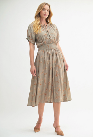 Soft Army Green Midi dress with bow pattern, gathered waist, button front, front pockets and capped button sleeves