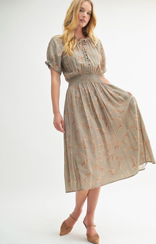 Soft Army Green Midi dress with bow pattern, gathered waist, button front, front pockets and capped button sleeves