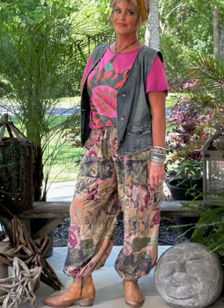 Jaded Gypsy Evening Garden Walks wide leg pants in moody floral print with soft drape and elastic waist 