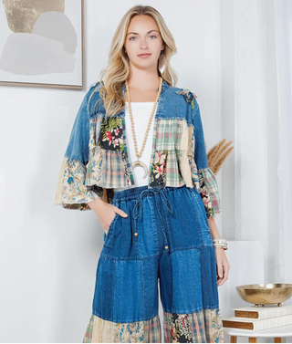 Cropped boho shrug top with tiered patchwork