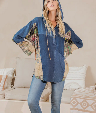 Oversized Denim hooded button-down top with boho patchwork sides, V neckline with ties and side pockets