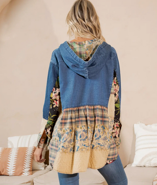 Oversized Denim hooded button-down top with boho patchwork sides, V neckline with ties and side pockets