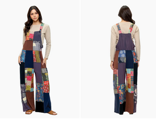 Multicolor boho patchwork jumpsuit with wide-leg fit with pockets and adjustable straps 