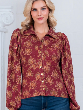 Long Puff Sleeve with Collar Button Down Top