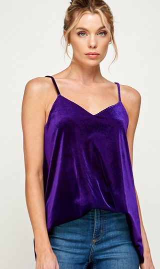 Deep purple velvet camisole tank top with V-neckline and fitted silhouette