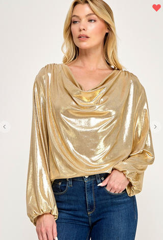 Metallic gold long sleeve cowl blouse with balloon sleeves and elastic shirring detail