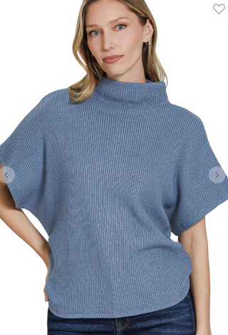 Dusty Blue knit mock neck sweater with side shirring and short wide sleeves and relaxed fit
