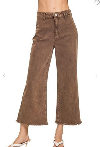Brown acid washed high waist wide leg pants with frayed hem by Zenana