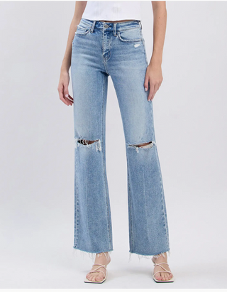 Flying Monkey High-Rise distressed wide leg jeans In light wash stretch denim