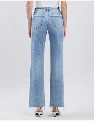 Flying Monkey High-Rise distressed wide leg jeans In light wash stretch denim