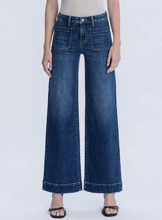 Flying Monkey High Rise Dark Wash Wide leg jeans with front patch pockets and stretch denim