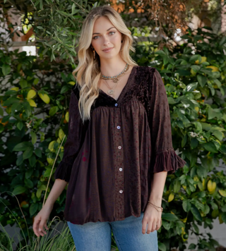 Boho Velvet Patchwork top with embroidery, button down front, and flowy 3/4 sleeves