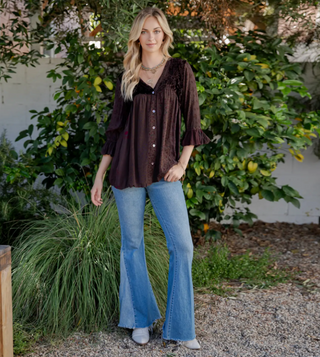 Boho Velvet Patchwork top with embroidery, button down front, and flowy 3/4 sleeves